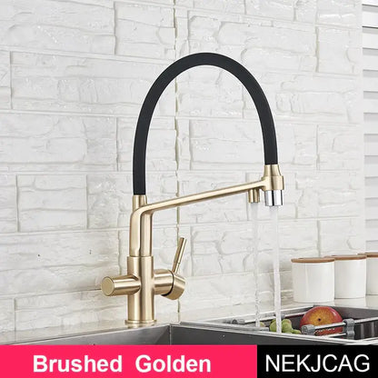 Brushed golden kitchen faucet with flexible black rubber hose in decorbites black chrome kitchen pull down sprayer design
