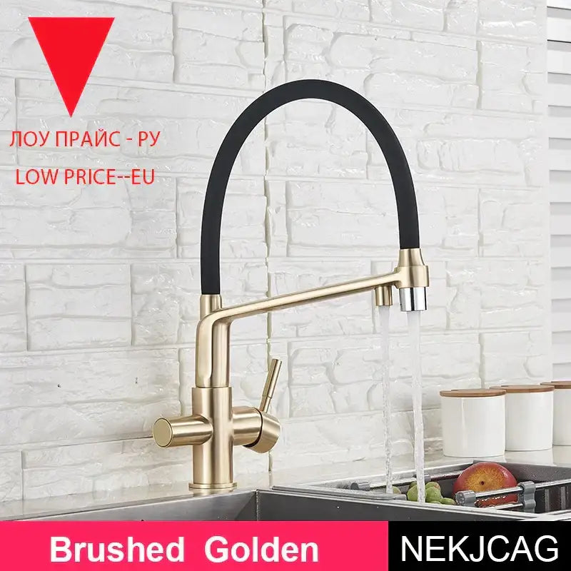 Brushed golden kitchen faucet with flexible black rubber hose modern design for decorbites black chrome kitchen use