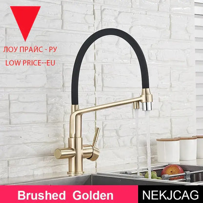 Brushed golden kitchen faucet with flexible black rubber hose modern design for decorbites black chrome kitchen use