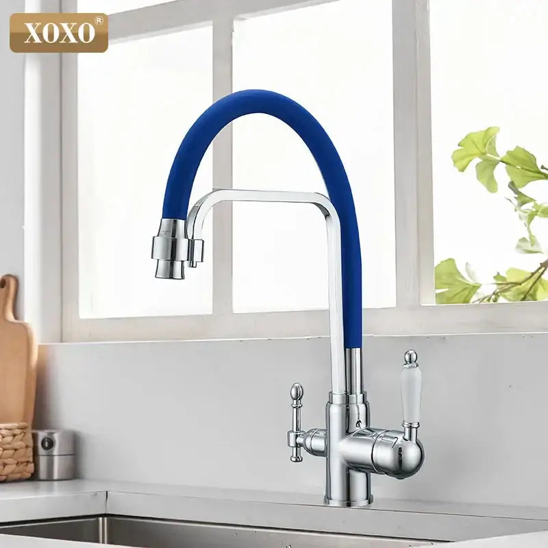 Decorbites black kitchen faucet with a blue flexible hose chrome finish and white ceramic handles for decorbites black deck