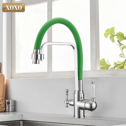 Decorbites black kitchen faucet with green flexible hose, chrome finish, and clear glass handles for deck installation