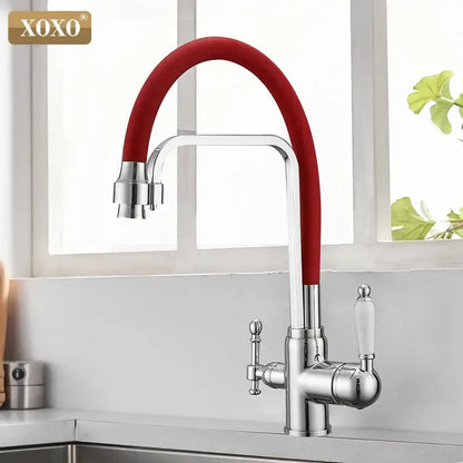 Black and chrome kitchen faucet with red silicone flexible spout white ceramic handles by xoxo decorbites black deck model