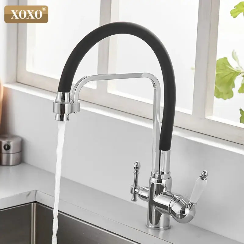 Xoxo brand decorbites black kitchen faucet with sleek chrome finish, black hose, and clear glass knobs for hot and cold control