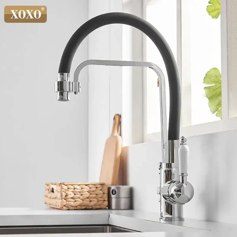 Xoxo decorbites black kitchen faucet with sleek black flexible spout, polished chrome finish, and white ceramic handle