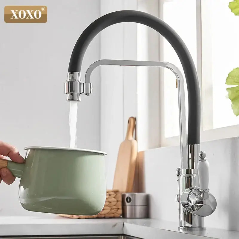 Xoxo decorbites black kitchen faucet with sleek chrome finish, black flexible hose, and white ceramic handle