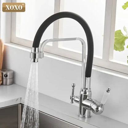 Xoxo decorbites black kitchen faucet with sleek chrome finish black flexible hose and white ceramic handles for hot cold control