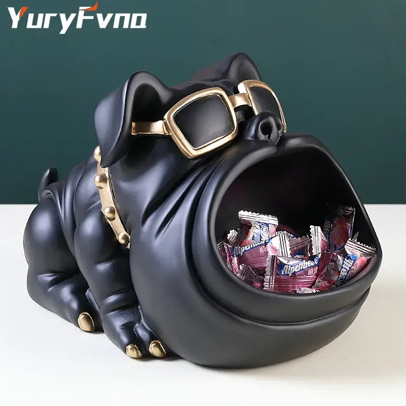 Black resin cool dog sculpture with gold-tone sunglasses and collar serving as candy holder and coin bank decorbites cool dog