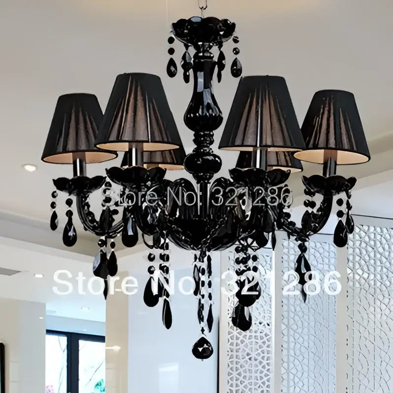 Black crystal chandelier lamps with six fabric shades and teardrop crystals for dining room decorbites black crystal