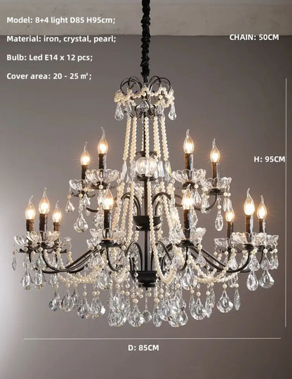 Elegant decorbites black crystal chandelier with pearls featuring eight lights, clear crystal droplets, and black iron frame