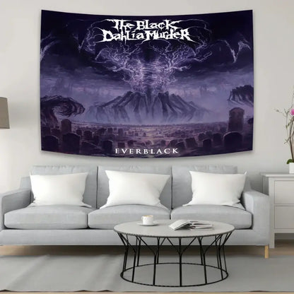 Dark purple and black black dahlia murder tapestry featuring everblack album cover with intricate white lettering for metal band decor