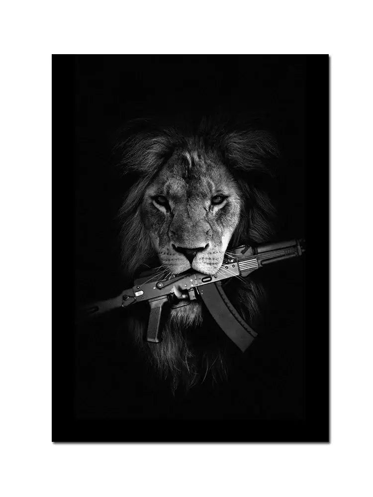 Black and white framed canvas poster art featuring a lion with a rifle and a black doberman dog by DecorBites