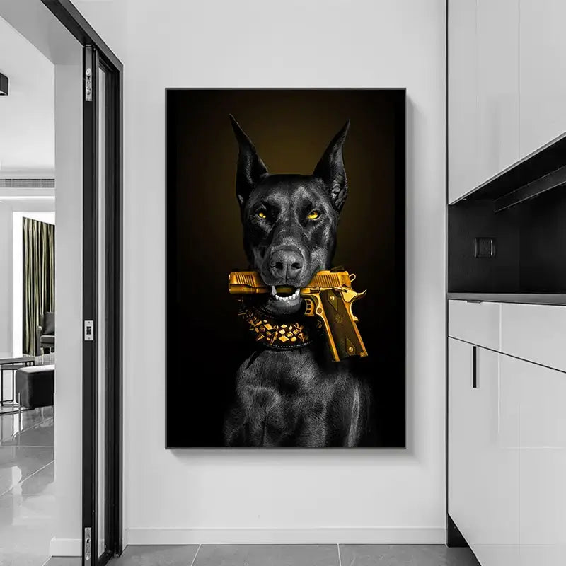 Decorbites™ black doberman dog canvas poster art featuring a black doberman holding a golden handgun with gold chain collar