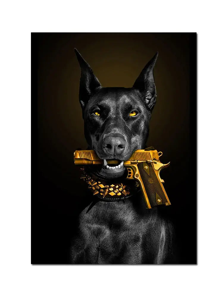 Black doberman dog canvas poster art by decorbites featuring a portrait with a golden pistol and studded collar