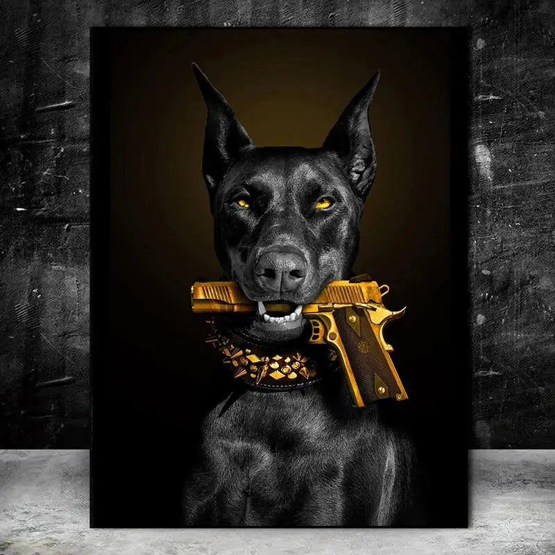 DecorBites™ black doberman dog canvas poster art with a black doberman holding a golden pistol and spiked collar