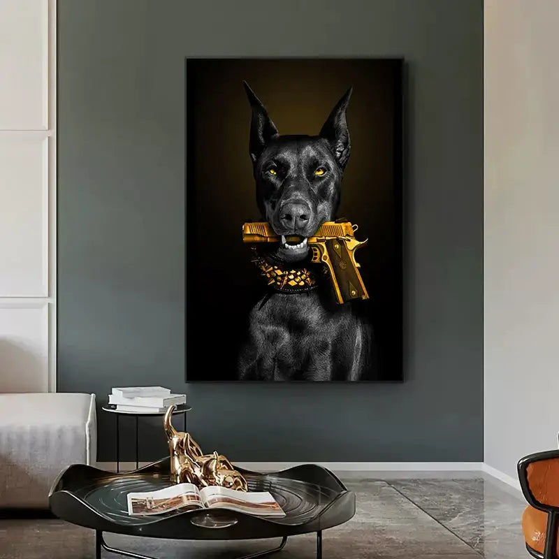 DecorBites™ black doberman dog canvas poster art featuring a black doberman with a golden pistol and ornate collar