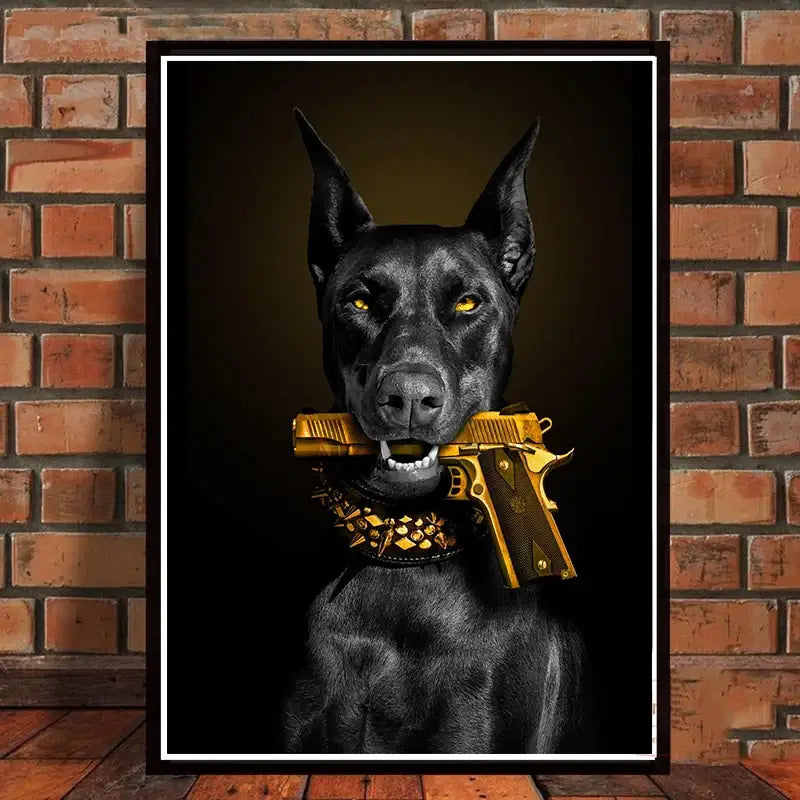 Decorbites™ black doberman dog canvas poster art featuring a black doberman with a golden pistol and studded collar