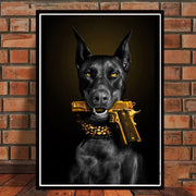 Decorbites™ black doberman dog canvas poster art featuring a black doberman dog holding a golden pistol with studded collar