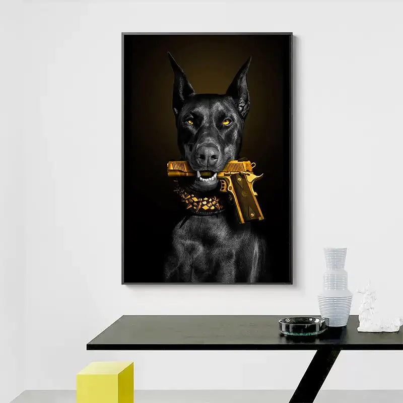 Black doberman dog canvas poster art featuring a portrait with a golden pistol in mouth and ornate studded collar