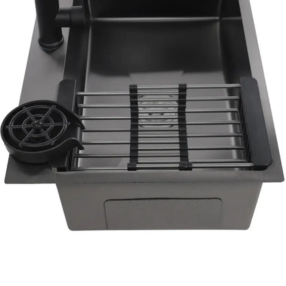 Black double basin stainless steel kitchen sink 72x45x20cm with matching faucet and adjustable wire drying rack