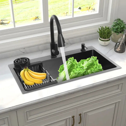 Black double basin stainless steel kitchen sink 72x45x20cm with integrated drain basket and faucet in black finish