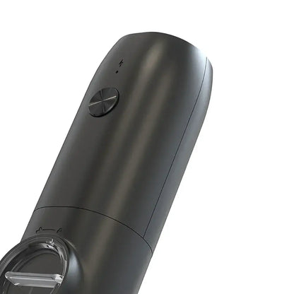 Matte black electric salt pepper grinder set with cylindrical body, metallic button, and transparent lid usb rechargeable