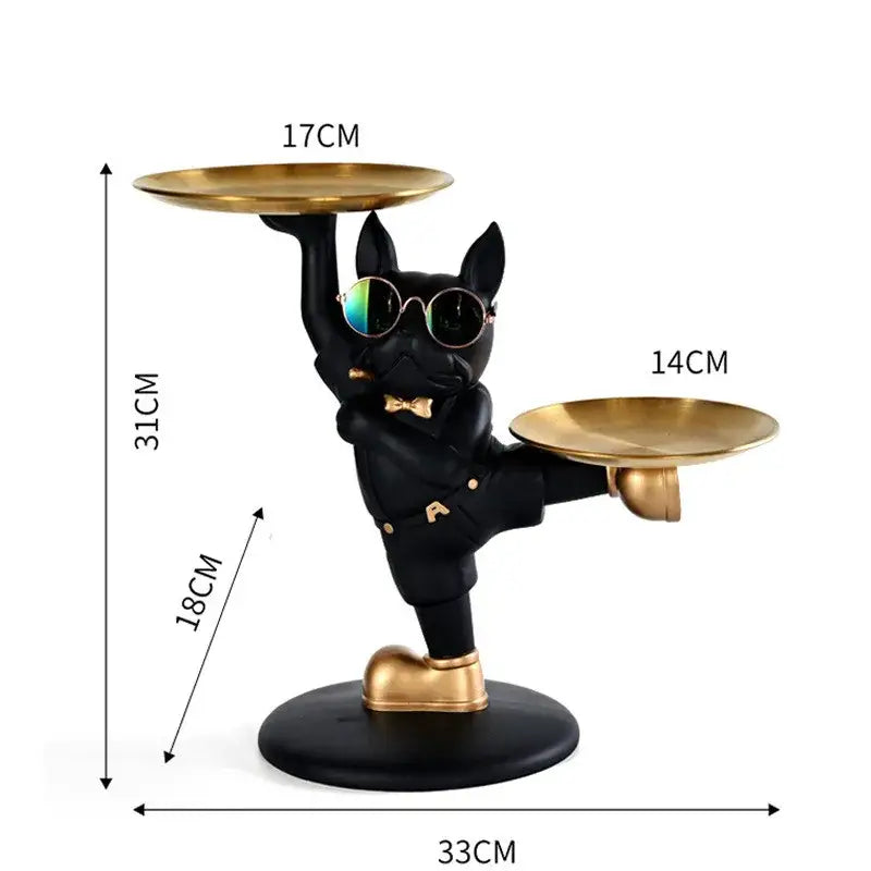 Black french bulldog butler decor statue wearing sunglasses and suit holding two gold trays for living room display