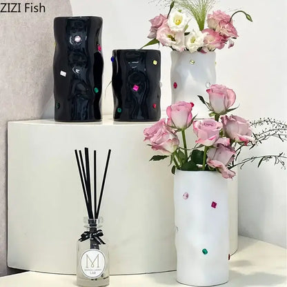 White ceramic gemstone ceramic vase with colorful accents from decorbites ideal for bedroom desk decor