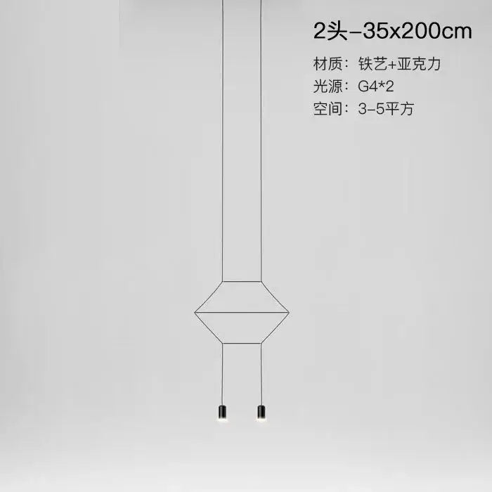 Minimalist black geometric designer nordic ceiling chandelier with two-headed hexagonal acrylic shade suspended by iron chains