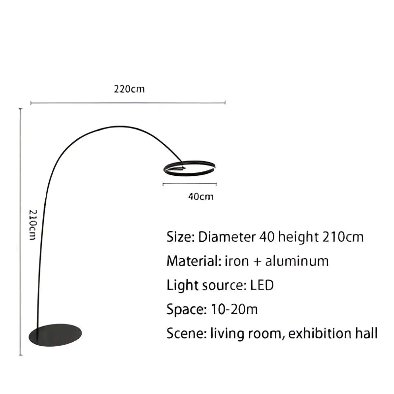 A sleek black and gold arched floor lamp with an iron and aluminum frame and large dimmable led light fixture by decorbites