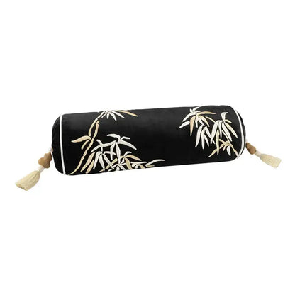 Black velvet cylindrical bolster pillow cover with cream and white bamboo leaves embroidery and tassels for bedroom use