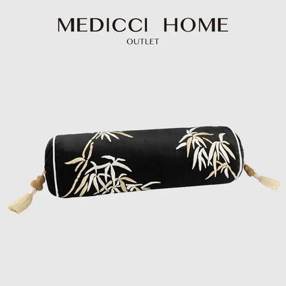 Black cylindrical bolster pillow cover with gold and white bamboo leaves embroidery and tassels for bedroom decor