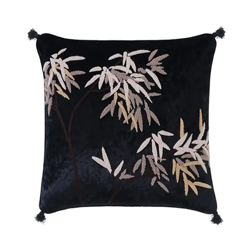 Black velvet bolster pillow covers with embroidered black gold and beige bamboo leaves and tassels for bedroom decor
