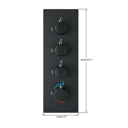 Black matte brass thermostatic faucet mixer with three knobs for temperature and flow in bathroom shower decorbites design