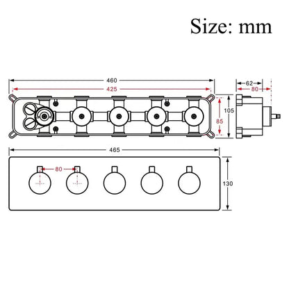 Technical schematic diagram of black and gold brass thermostatic faucet mixer with precise dimensional annotations in millimeters