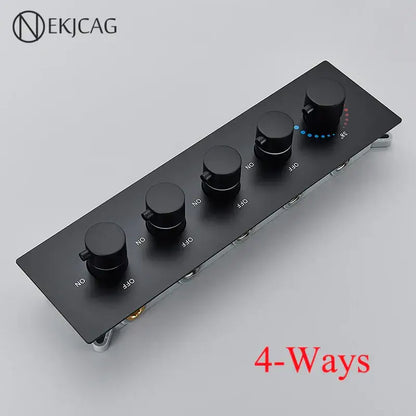 Black matte 4-way brass thermostatic faucet control panel with four rotary knobs and blue led indicators for showers