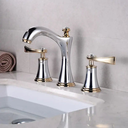 Black and gold crystal waterfall brass bathroom sink faucet with chrome and gold two handles and crystal accents