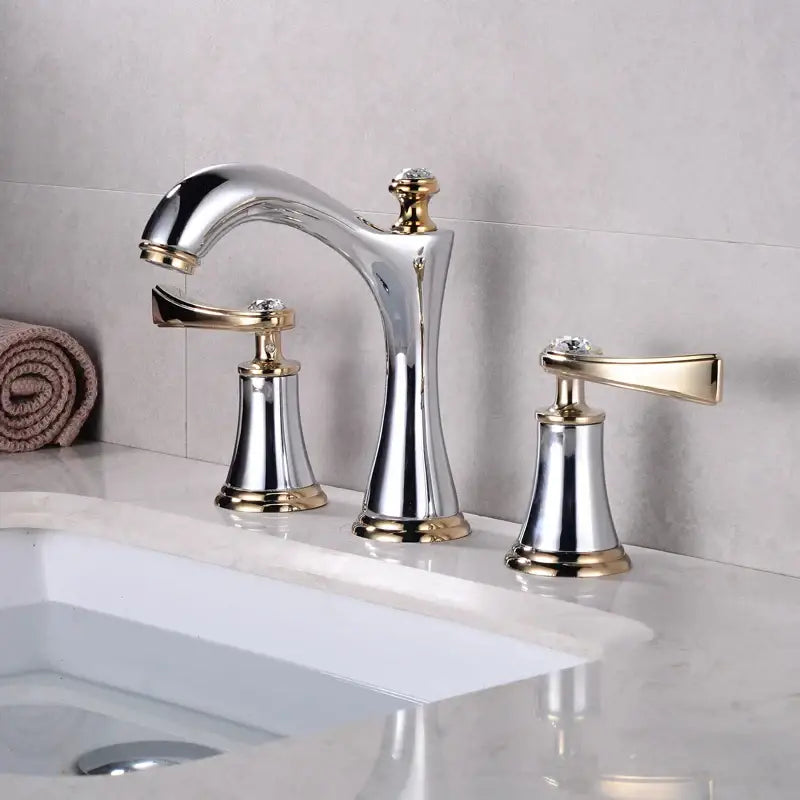 Black and gold crystal waterfall brass bathroom sink faucet with chrome and gold two handles and crystal accents