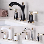 Black and gold brass bathroom sink faucet with three handles and crystal accents for elegant bathroom sink faucets