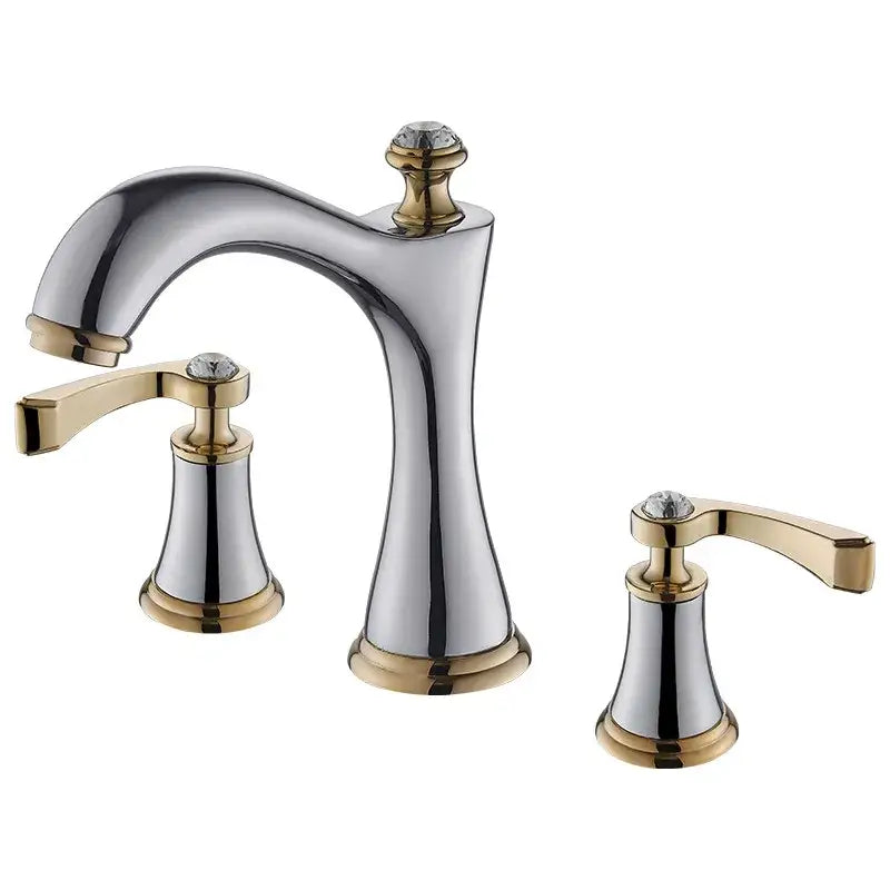 Black and gold crystal waterfall brass bathroom sink faucets with polished chrome and gold accents and crystal handles