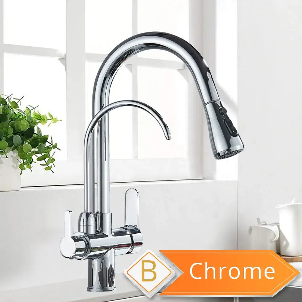 Chrome finished black and golden pull out filter kitchen faucet with arched spout and water filter kitchen design