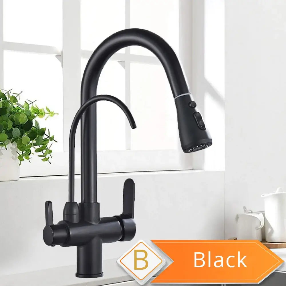 Black matte finish kitchen faucet with curved spout and pull-down spray head for water filter kitchen use