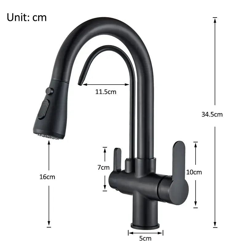 Black matte finish kitchen faucet with pull-down spray head and dual handles for water filter kitchen use