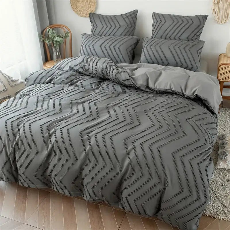 Gray duvet cover with black zigzag embroidery pattern from black and gray zigzag stripe flower cut set