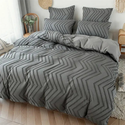 Gray duvet cover with black zigzag embroidery pattern from black and gray zigzag stripe flower cut set