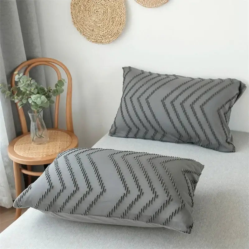 Gray pillowcases with black zigzag embroidery in black and gray stripe flower cut duvet cover bedroom set