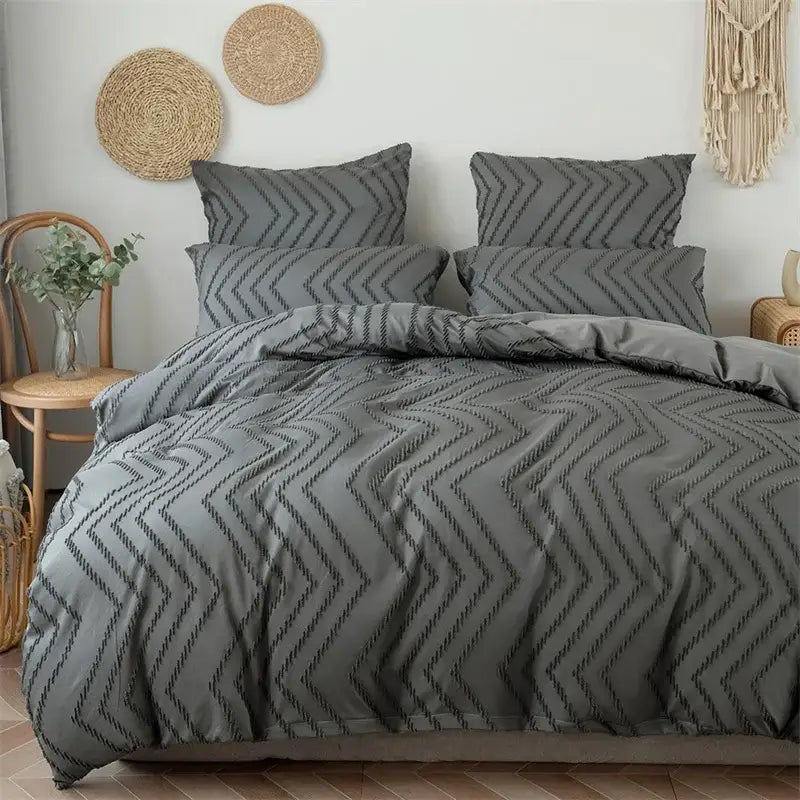 Gray duvet cover set with bold black zigzag stripe flower cut pattern for colorful stripe flower bedroom decor