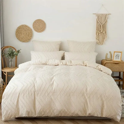 Cream-colored duvet cover with textured chevron pattern in black and gray stripe flower cut bedroom set
