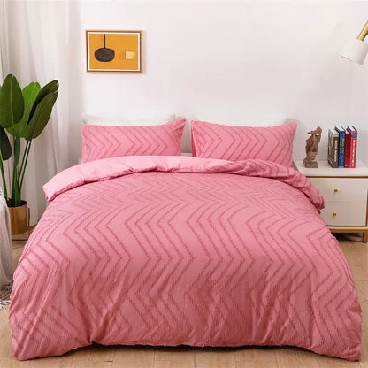 Pink chevron-patterned duvet cover with textured fabric complementing the black and gray colorful stripe flower cut set