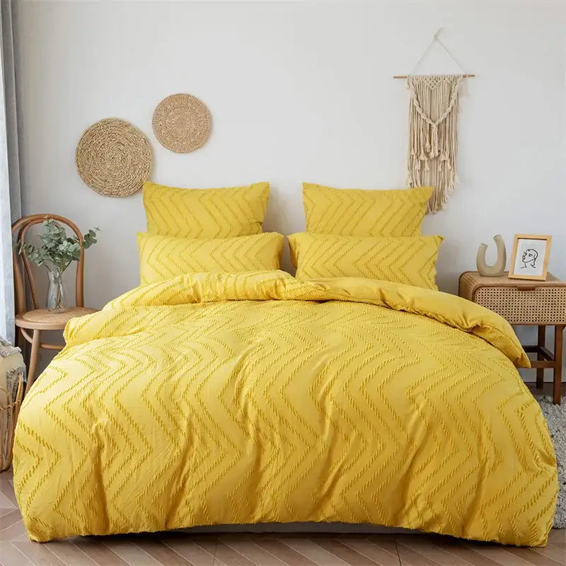 Vibrant yellow chevron-patterned duvet cover with textured fabric for colorful stripe flower bedding set