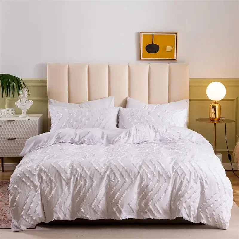 White chevron-patterned quilted duvet cover set from black and gray zigzag stripe flower cut bedroom set
